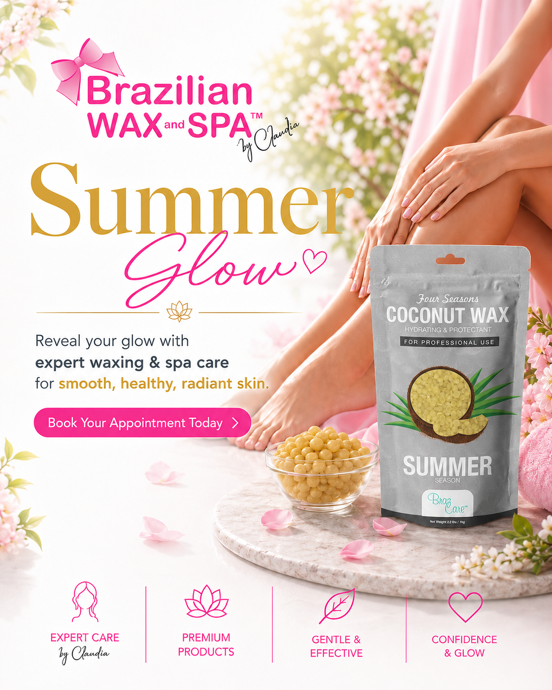 Summer Glow waxing and spa care at Brazilian Wax & Spa by Claudia – book your appointment online for smooth, healthy, radiant skin.